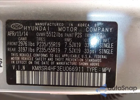 2014 Hyundai Santa Fe Limited from USA, damaged, VIN KM8SR4HF3EU066911